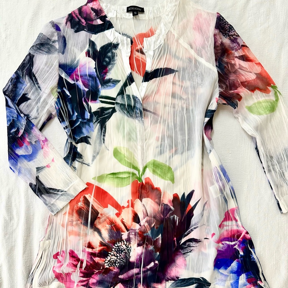 Sheer Floral Crinkle Blouse By Komarov —Mesh Watercolor Top Romantic Resort